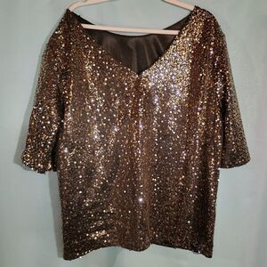 Gold Sequin Top V Neck Party Blouse Short Sleeve Sparkly Evening Top